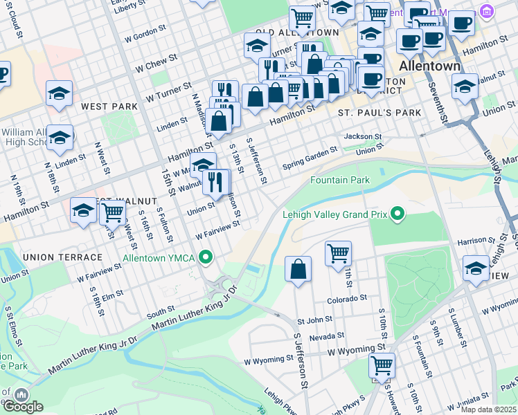 map of restaurants, bars, coffee shops, grocery stores, and more near 233 South 13th Street in Allentown