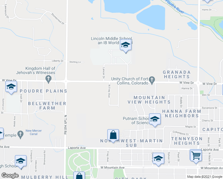 map of restaurants, bars, coffee shops, grocery stores, and more near 622 North Frey Avenue in Fort Collins