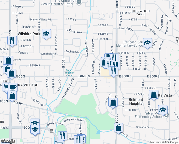map of restaurants, bars, coffee shops, grocery stores, and more near 1134 Tulane Circle in Sandy