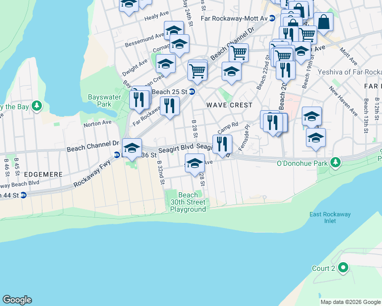 map of restaurants, bars, coffee shops, grocery stores, and more near 299 Beach 29th Street in Queens