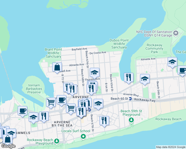 map of restaurants, bars, coffee shops, grocery stores, and more near 5-44 Beach 67th Street in Queens