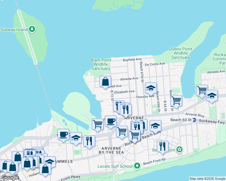 map of restaurants, bars, coffee shops, grocery stores, and more near 72-09 Burchell Avenue in Queens