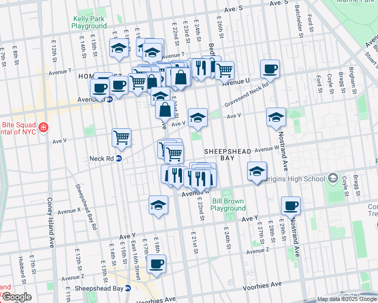 map of restaurants, bars, coffee shops, grocery stores, and more near 2261 East 22nd Street in Brooklyn