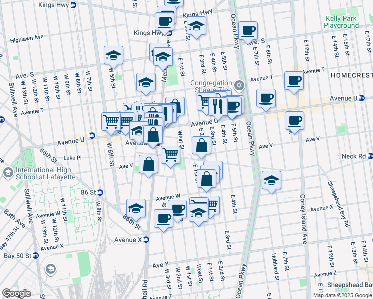 map of restaurants, bars, coffee shops, grocery stores, and more near 2149 West Street in Brooklyn