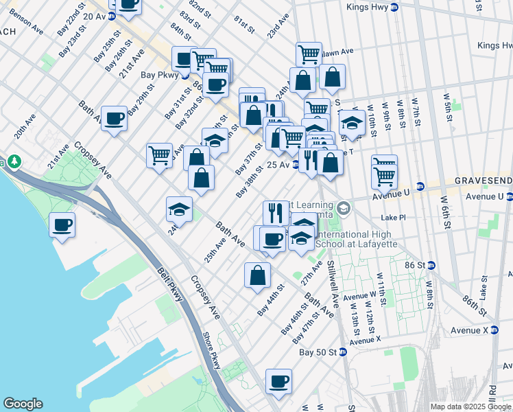 map of restaurants, bars, coffee shops, grocery stores, and more near 8689 25th Avenue in Brooklyn