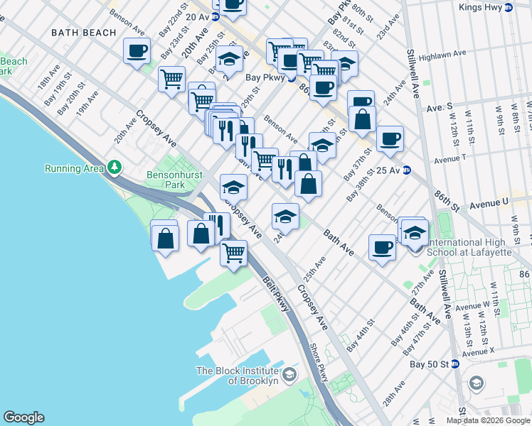 map of restaurants, bars, coffee shops, grocery stores, and more near 201 Bay 34th Street in Brooklyn