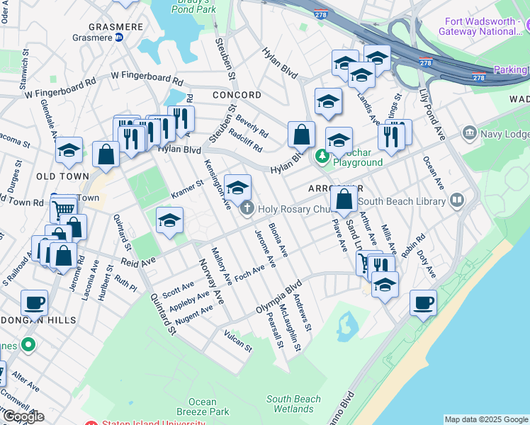map of restaurants, bars, coffee shops, grocery stores, and more near 77 Bionia Avenue in Staten Island