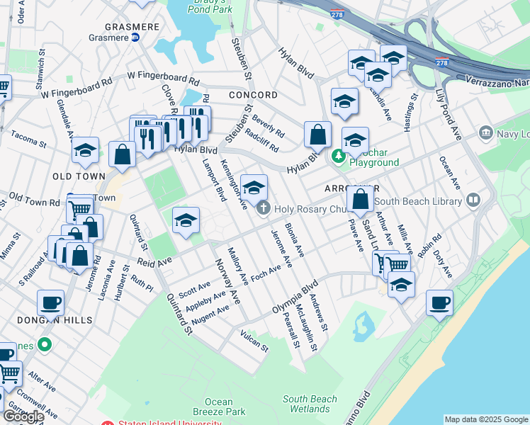 map of restaurants, bars, coffee shops, grocery stores, and more near 100 Jerome Avenue in Staten Island