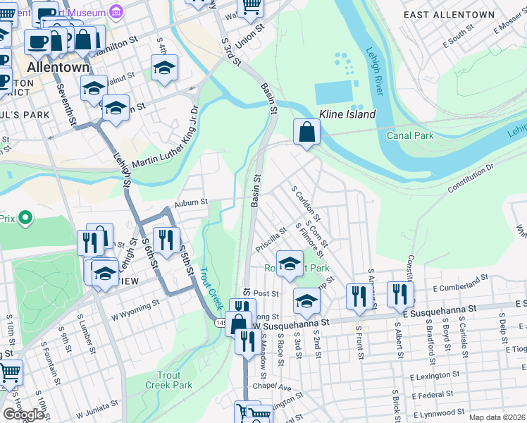 map of restaurants, bars, coffee shops, grocery stores, and more near 617 Genesee Street in Allentown