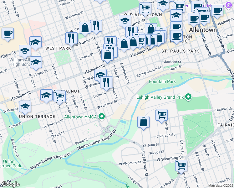map of restaurants, bars, coffee shops, grocery stores, and more near 214 South Mercer Street in Allentown
