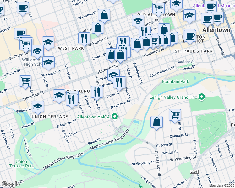 map of restaurants, bars, coffee shops, grocery stores, and more near 139 South 14th Street in Allentown