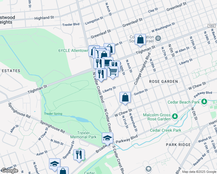 map of restaurants, bars, coffee shops, grocery stores, and more near 3070 Tilghman Street in Allentown