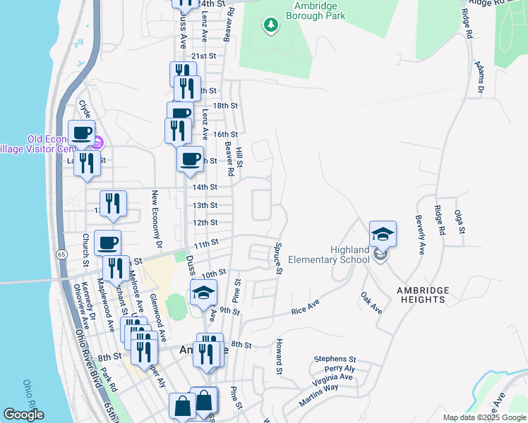 map of restaurants, bars, coffee shops, grocery stores, and more near 63 North Walnut Street in Ambridge