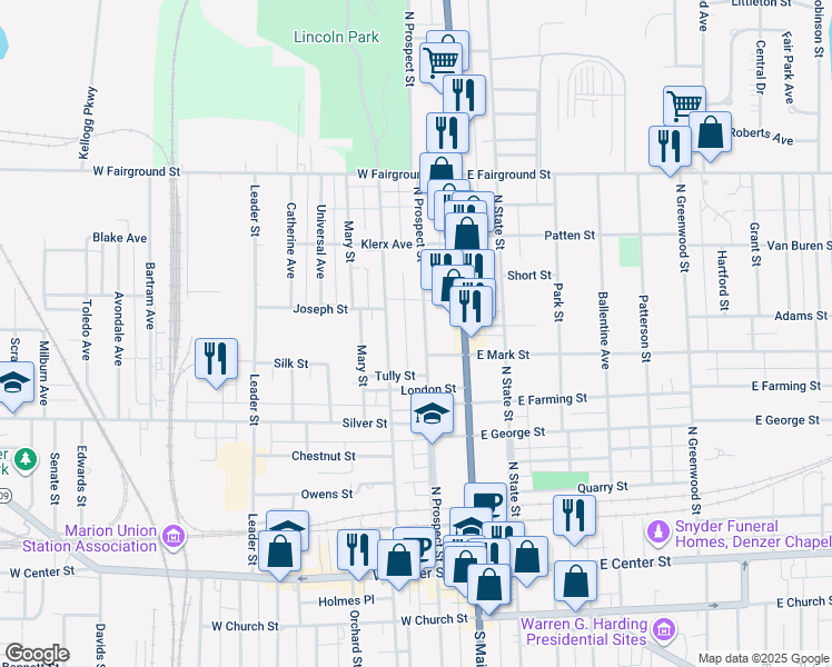 map of restaurants, bars, coffee shops, grocery stores, and more near 470 Oak Street in Marion