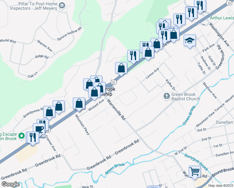 map of restaurants, bars, coffee shops, grocery stores, and more near 164 Lenox Avenue in Green Brook Township
