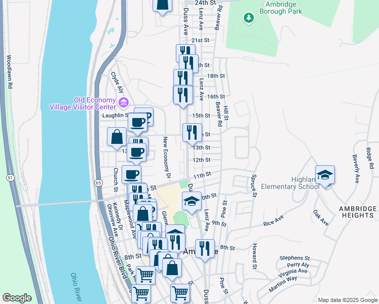 map of restaurants, bars, coffee shops, grocery stores, and more near 1216 Duss Avenue in Ambridge