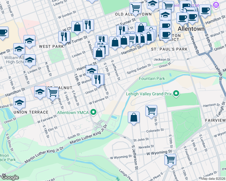 map of restaurants, bars, coffee shops, grocery stores, and more near 214 South Mercer Street in Allentown