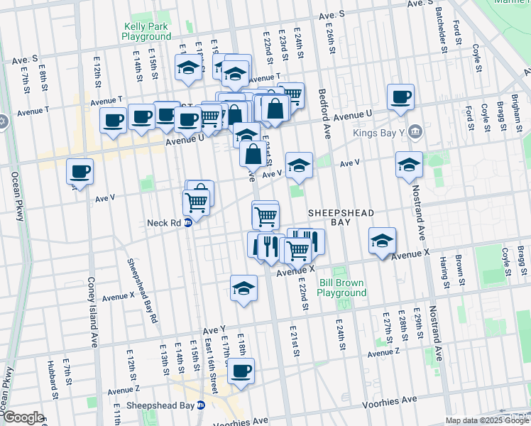 map of restaurants, bars, coffee shops, grocery stores, and more near 2314 East 21st Street in Brooklyn