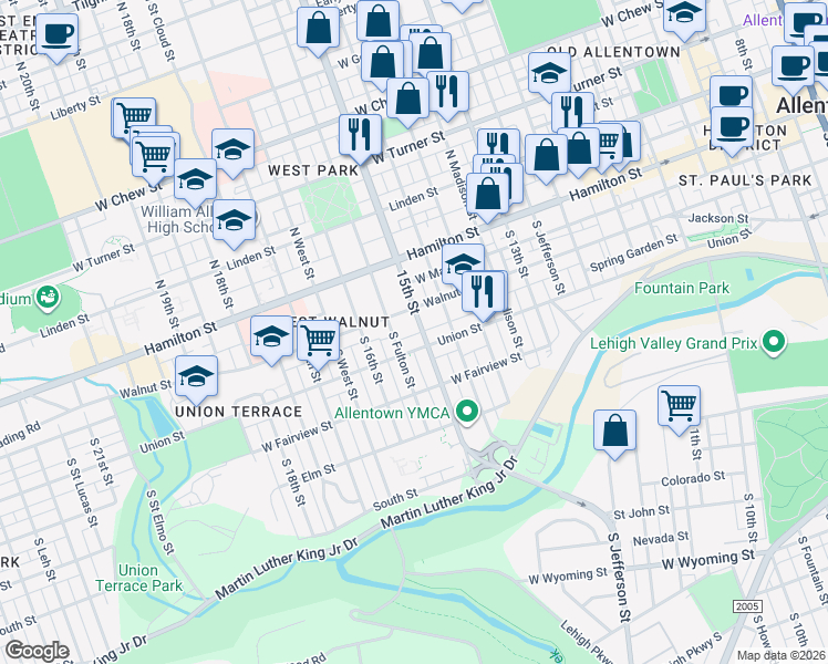 map of restaurants, bars, coffee shops, grocery stores, and more near 1504 Walnut Street in Allentown