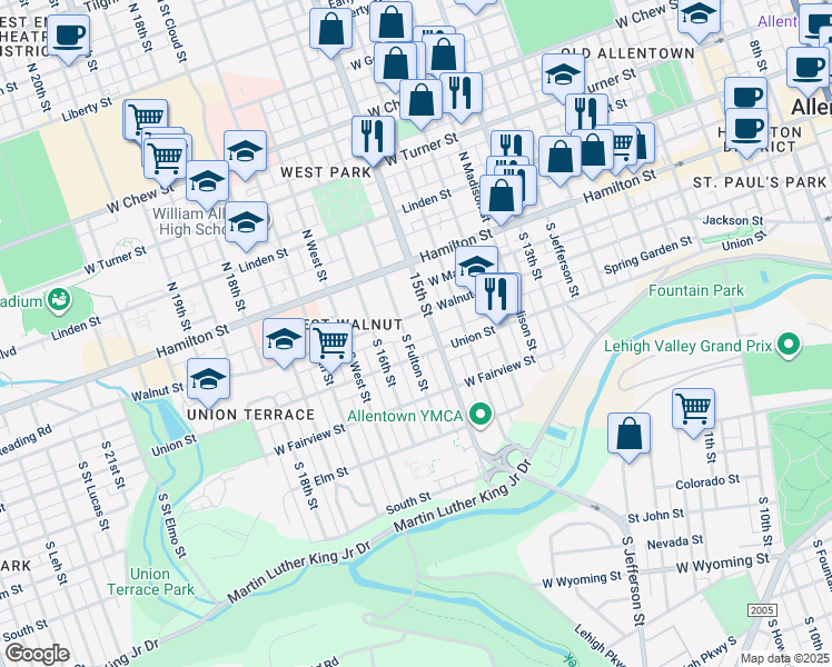 map of restaurants, bars, coffee shops, grocery stores, and more near 118 South Rush Street in Allentown