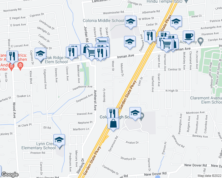 map of restaurants, bars, coffee shops, grocery stores, and more near 5 Berdine Court in Woodbridge Township