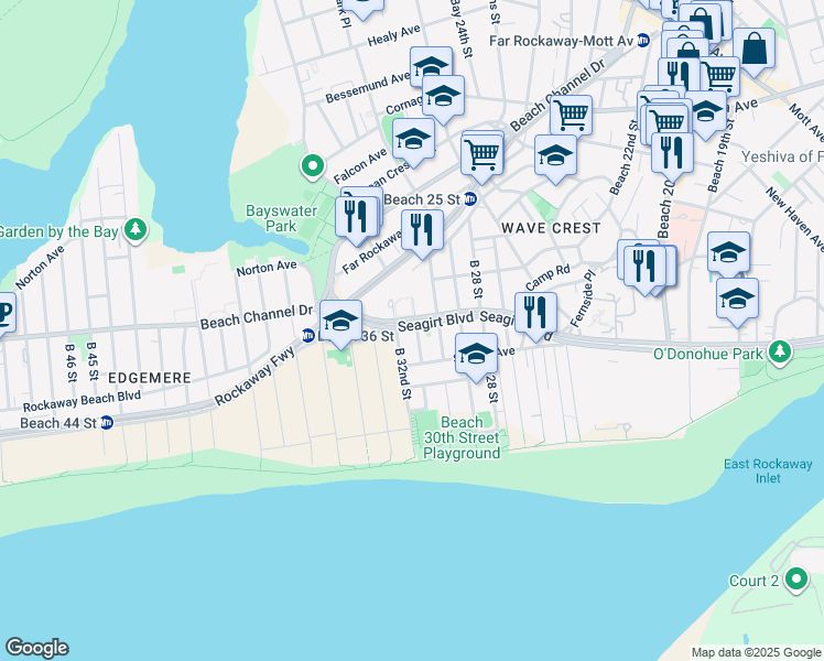 map of restaurants, bars, coffee shops, grocery stores, and more near 231 Beach 31st Street in Queens