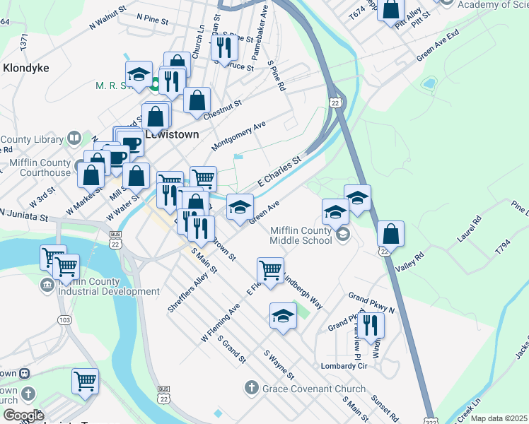 map of restaurants, bars, coffee shops, grocery stores, and more near Green Avenue in Lewistown