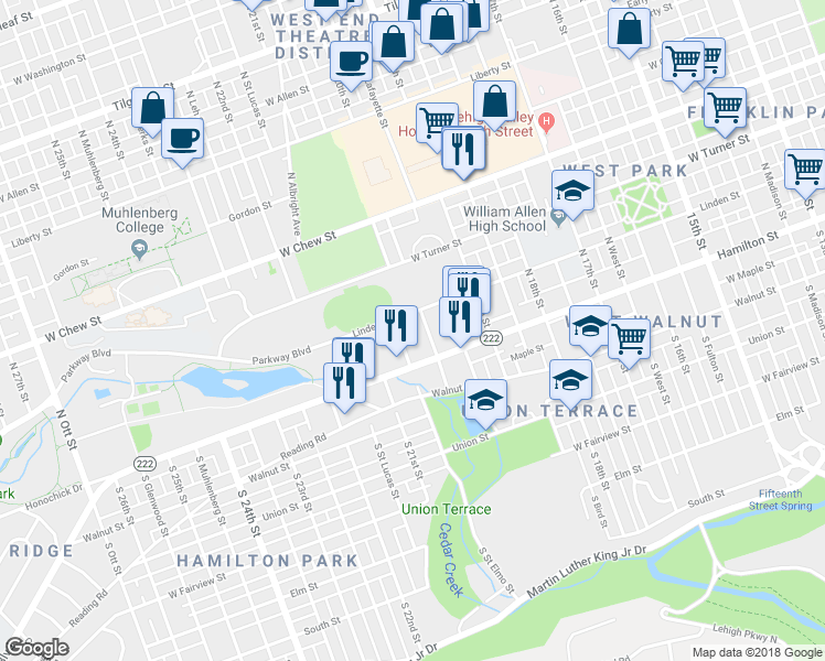 map of restaurants, bars, coffee shops, grocery stores, and more near 2002-2024 West Linden Street in Allentown
