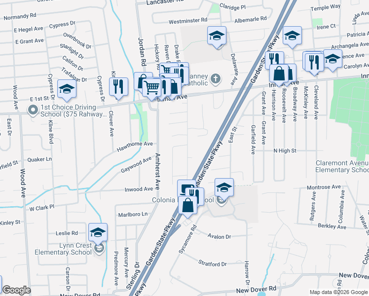 map of restaurants, bars, coffee shops, grocery stores, and more near 5 Berdine Court in Woodbridge Township