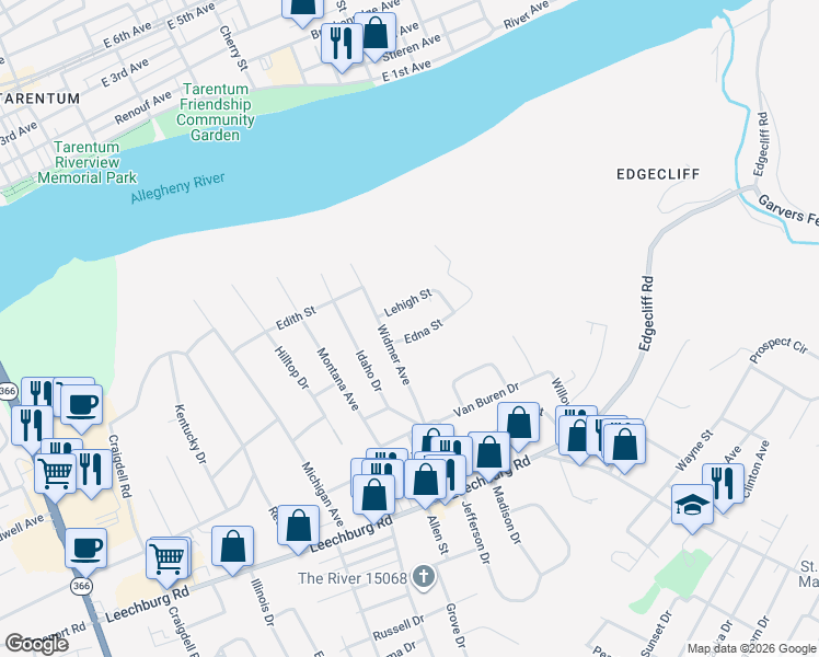map of restaurants, bars, coffee shops, grocery stores, and more near 2724 Lehigh Street in New Kensington