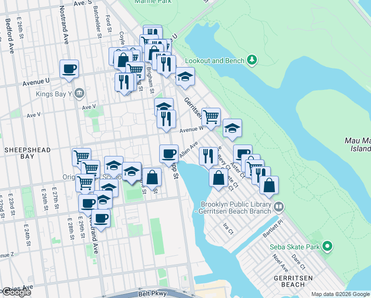 map of restaurants, bars, coffee shops, grocery stores, and more near 2335 Plumb 1st Street in Brooklyn