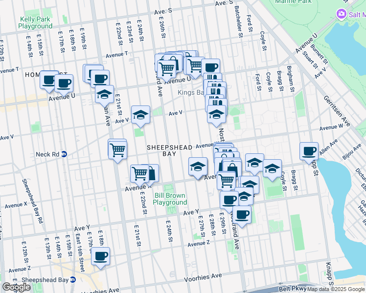map of restaurants, bars, coffee shops, grocery stores, and more near 2280 East 27th Street in Brooklyn