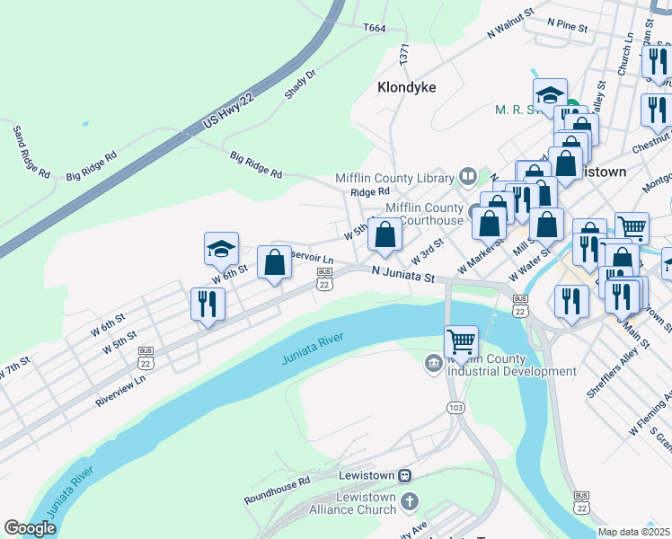map of restaurants, bars, coffee shops, grocery stores, and more near 367 West 4th Street in Lewistown