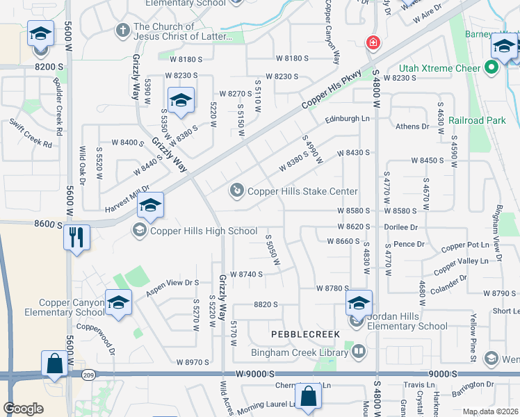map of restaurants, bars, coffee shops, grocery stores, and more near 8577 Autumn Gold Circle in West Jordan