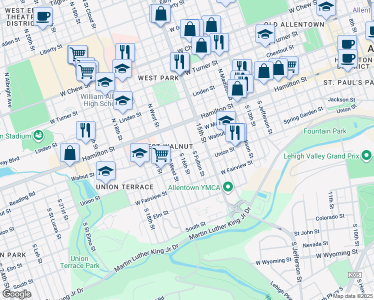 map of restaurants, bars, coffee shops, grocery stores, and more near 1540 Walnut Street in Allentown