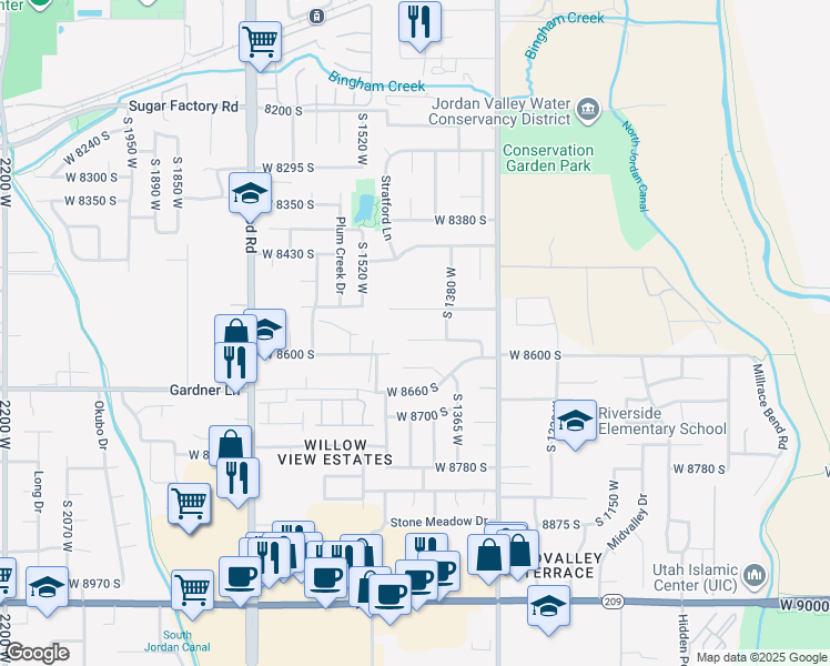 map of restaurants, bars, coffee shops, grocery stores, and more near 1434 West Autumn Oak Circle in West Jordan
