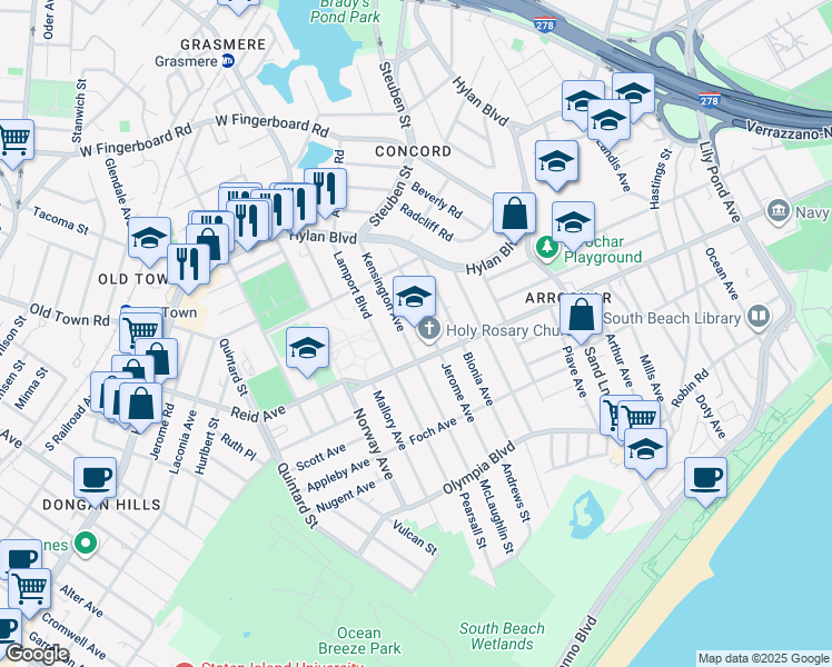 map of restaurants, bars, coffee shops, grocery stores, and more near 100 Jerome Avenue in Staten Island