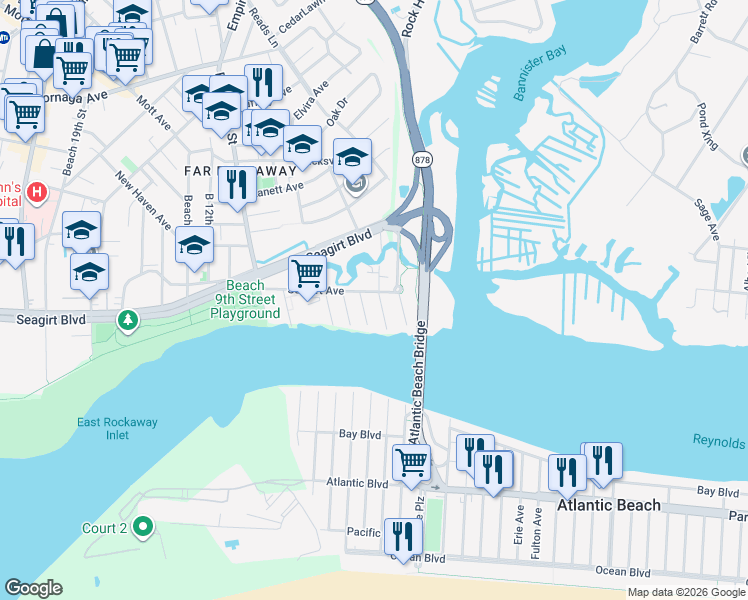 map of restaurants, bars, coffee shops, grocery stores, and more near 2-06 Seagirt Avenue in Queens