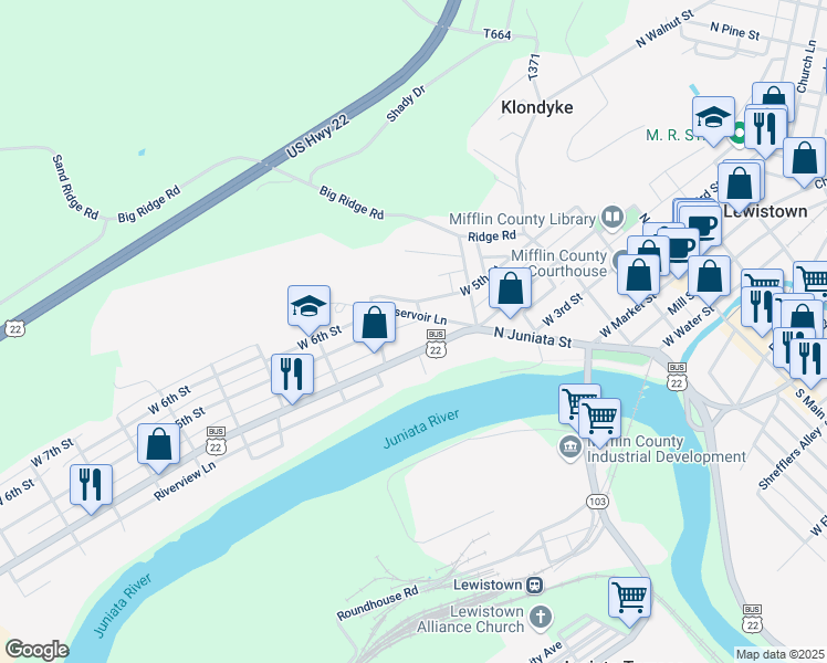 map of restaurants, bars, coffee shops, grocery stores, and more near 6 Stoneroad Court in Lewistown