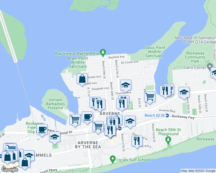 map of restaurants, bars, coffee shops, grocery stores, and more near 68-14 Elizabeth Avenue in Queens