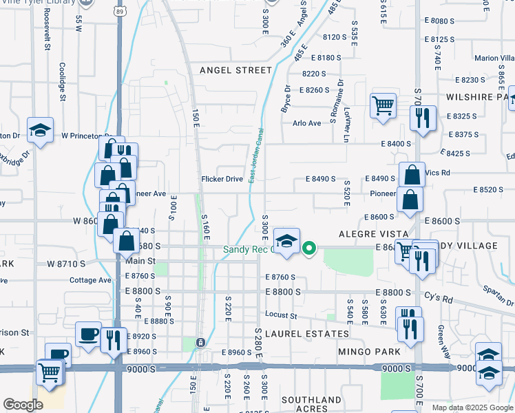 map of restaurants, bars, coffee shops, grocery stores, and more near 8544 South 300 East in Sandy