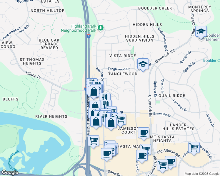 map of restaurants, bars, coffee shops, grocery stores, and more near 851 Mission De Oro Drive in Redding