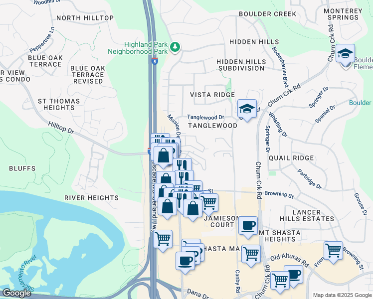 map of restaurants, bars, coffee shops, grocery stores, and more near 851 Mission De Oro Drive in Redding