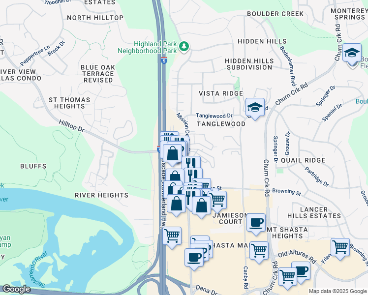 map of restaurants, bars, coffee shops, grocery stores, and more near 851 Mission De Oro Drive in Redding