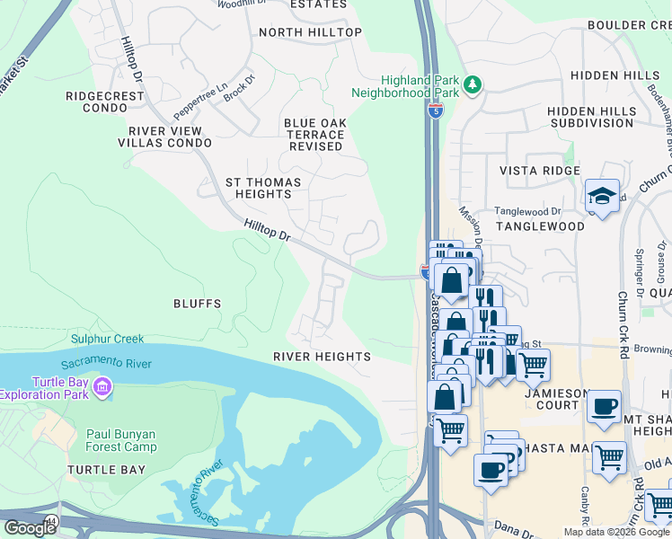 map of restaurants, bars, coffee shops, grocery stores, and more near 819 River Bend Road in Redding