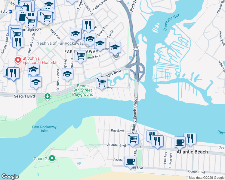map of restaurants, bars, coffee shops, grocery stores, and more near 4-11 Seagirt Avenue in Queens