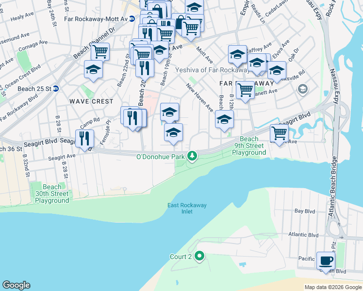 map of restaurants, bars, coffee shops, grocery stores, and more near 1634 Seagirt Boulevard in Queens