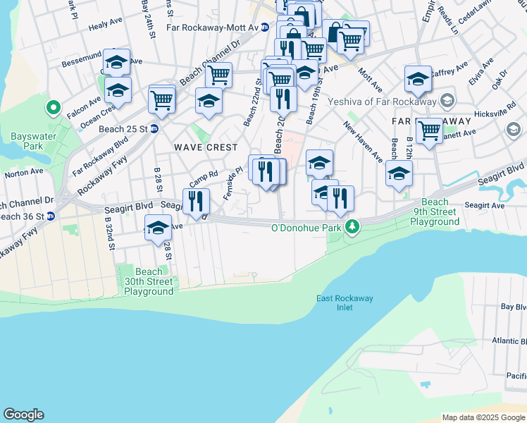 map of restaurants, bars, coffee shops, grocery stores, and more near 20-6 Seagirt Boulevard in Queens