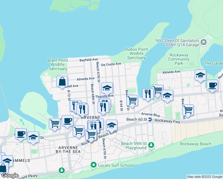 map of restaurants, bars, coffee shops, grocery stores, and more near 5-44 Beach 67th Street in Queens
