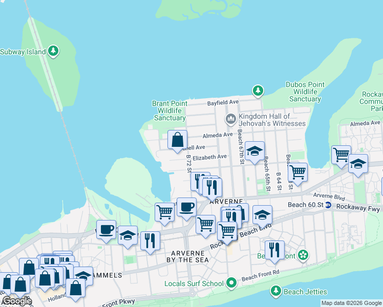 map of restaurants, bars, coffee shops, grocery stores, and more near 69-35 Burchell Avenue in Queens